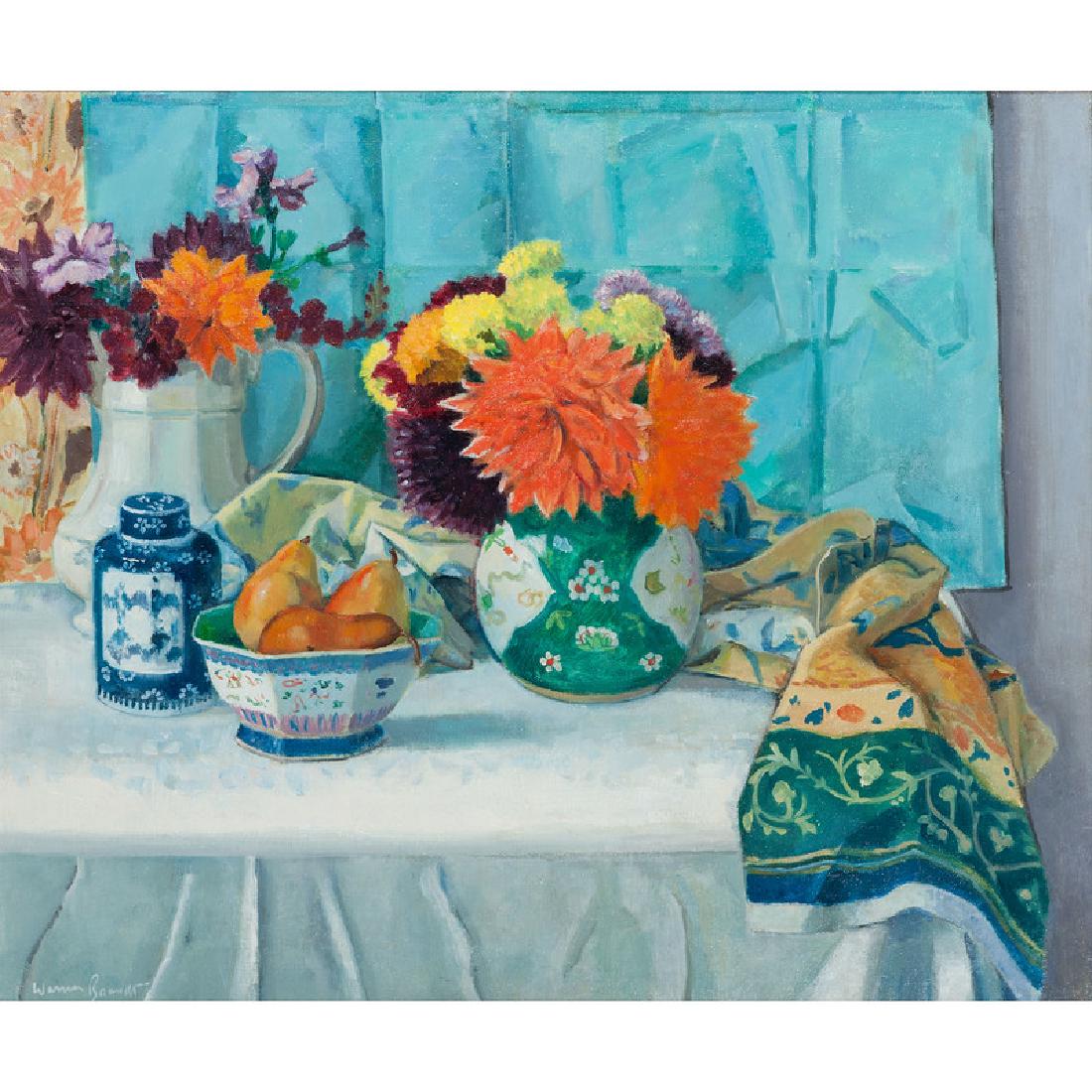 Warren Brandt (American, 1918-2002): Still Life with Flowers and Pears oil on canvas signed l.l. framed 36.5 x 42.5 in. (frame) 29.5 x 35.5 in. (sight)