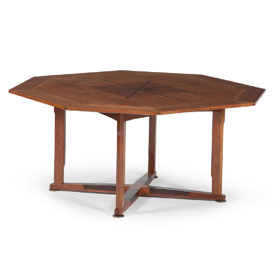 Edward Wormley for Dunbar Octagonal Table: American, 20th century. A mid-century modern octagonal table with rosewood inlaid star to top, designed by Edward Wormley for Dunbar in the Janus collection, model number 5720, with Dunbar metal tag o