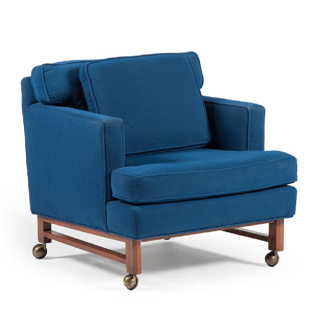 Edward Wormley for Dunbar, Lounge Chair: American, 20th century. A mid-century modern lounge chair in blue upholstery, designed by Edward Wormley for Dunbar, model 5703, unmarked; ht. 29.5, wd. 31, dp. 34 in.