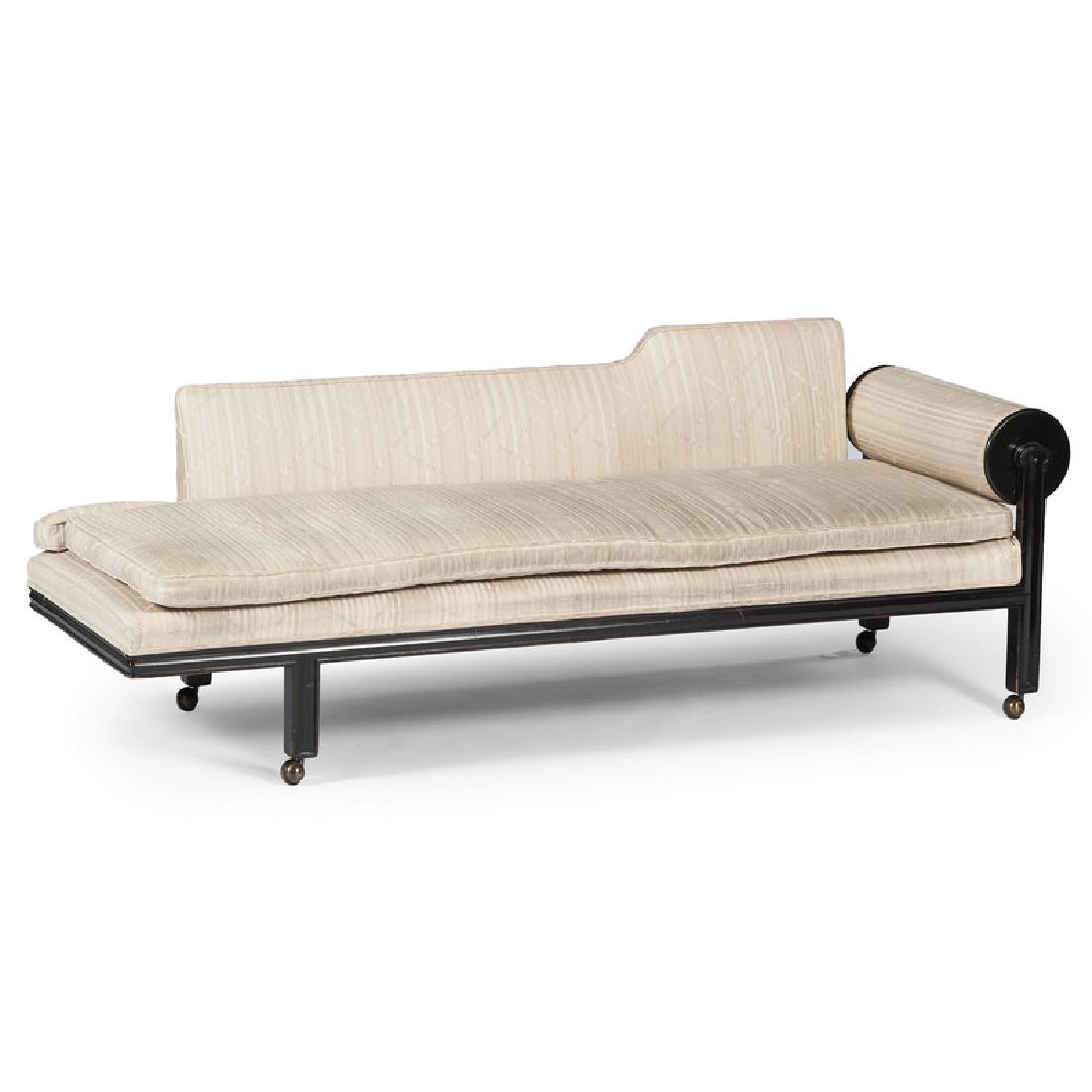 attr. Edward Wormley for Dunbar, Opium Bench: American, 20th century. A mid-century modern opium bench/daybed with barrel-shaped arm/head rest, attributed to Edward Wormley for Dunbar, unmarked; ht. 31, wd. 28, lg. 80.5 in.