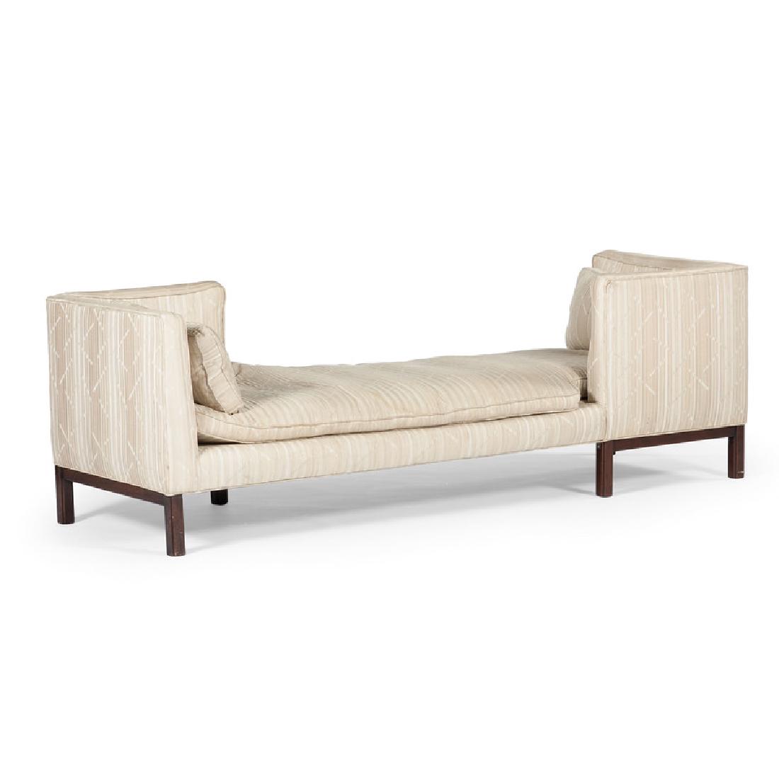 Edward Wormley for Dunbar, Tete-a-Tete: American, 20th century. A mid-century modern tete-a-tete designed by Edward Wormley for Dunbar, model 5944, unmarked; ht. 26.25, wd. 28, lg. 80.5 in.