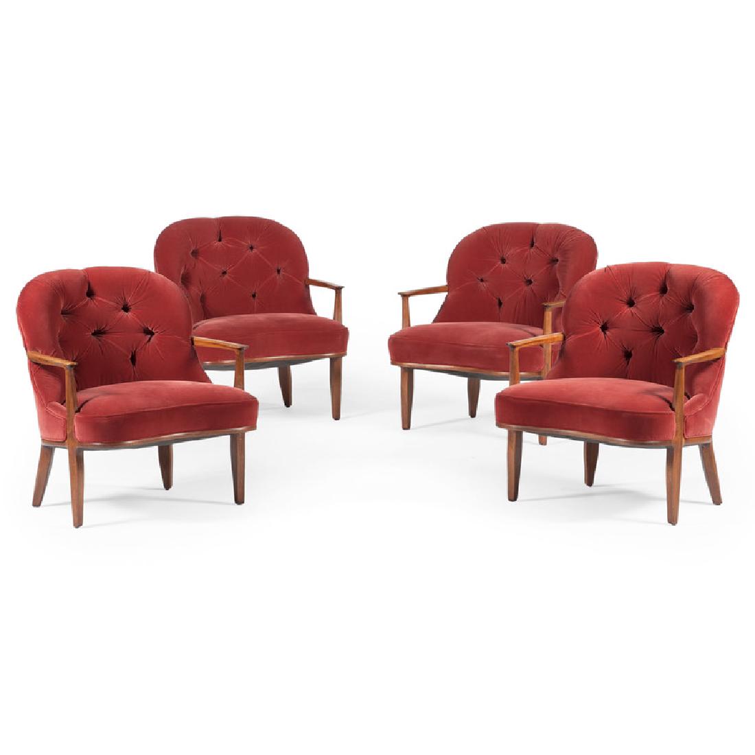 Edward Wormley for Dunbar Lounge Chairs: American, 20th century. Four mid-century modern armchairs in red velvet designed by Edward Wormley for Dunbar, for the Janus collection, model 5705, Dunbar metal tag on underside; ht. 30, wd. 25, dp. 