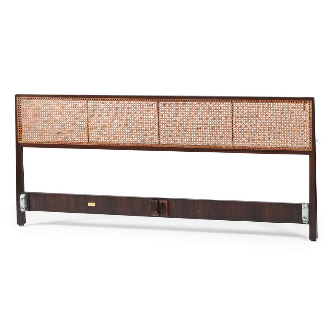 Dunbar Headboard with Caning: American, 20th century. A mid-century modern headboard with caned panels, Dunbar metal tag on underside; ht. 36, wd. 81.5 in.