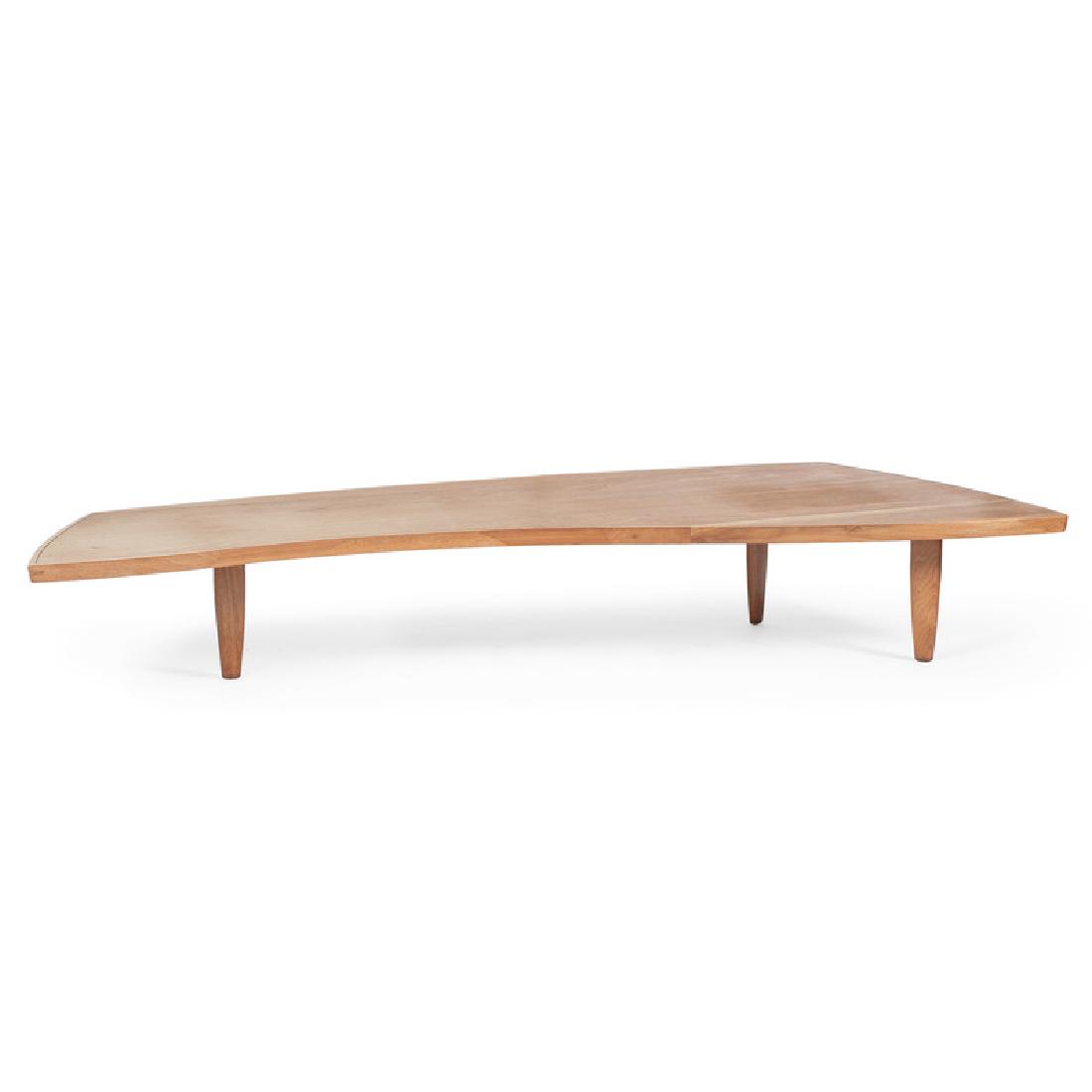 George Nakashima for Widdicomb, Coffee Table: American, 20th century. A mid-century modern Widdicomb coffee table designed by George Nakashima, stamped Sundra and 9/59 with Widdicomb label on underside; ht. 13, wd. 83, dp. 32 in.