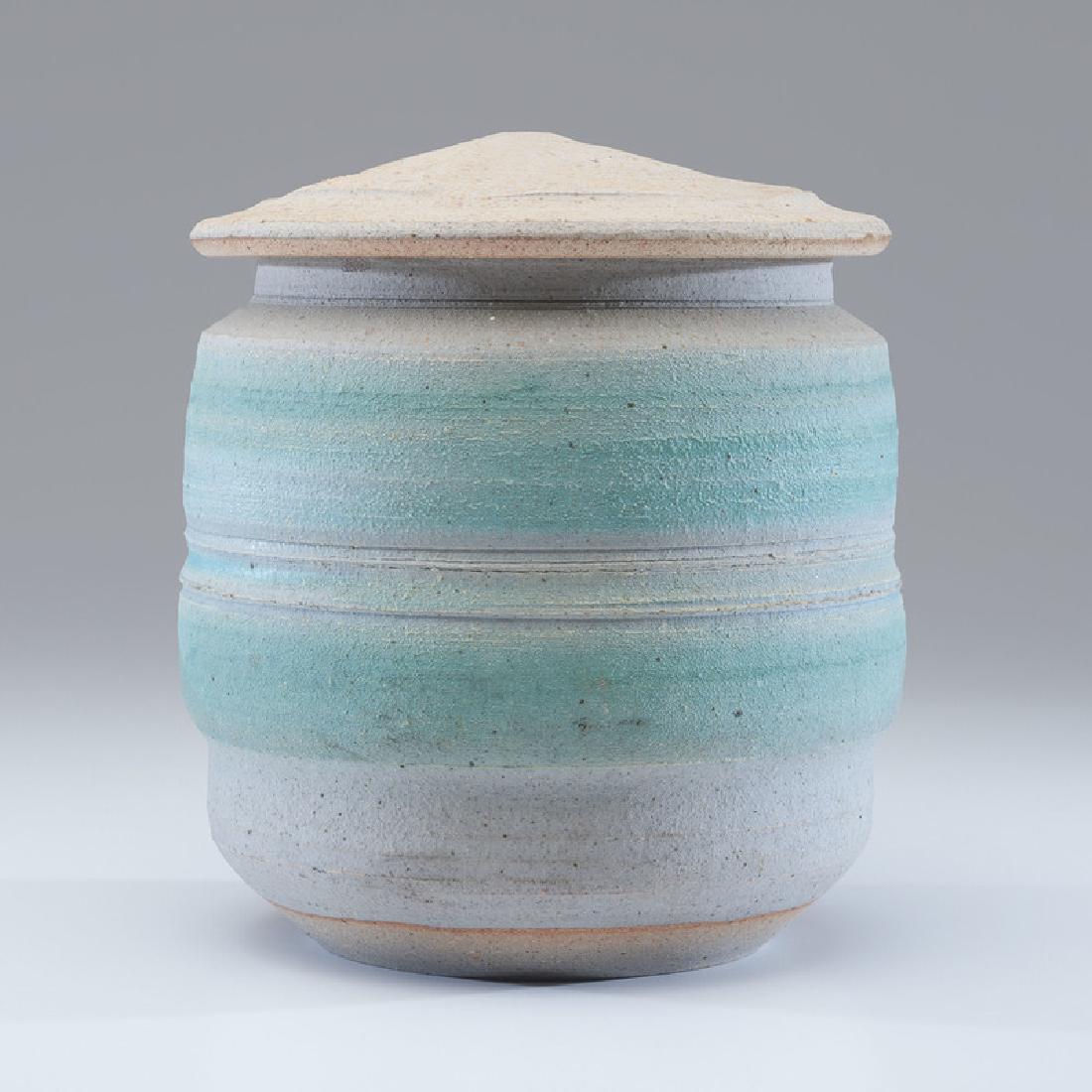 Karen Karnes (American, 1925-2016): Large Blue Lidded Vessel stoneware artist "KK" mark at foot ht. 11, dia. 9.34 in.