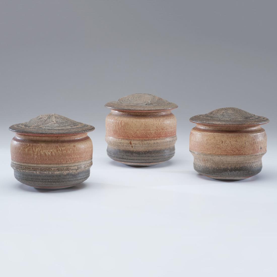 Karen Karnes (American, 1925-2016): Three Lidded Jars stoneware each with artist stamp "KK" on base tallest ht. 6, dia. 6.25 in.