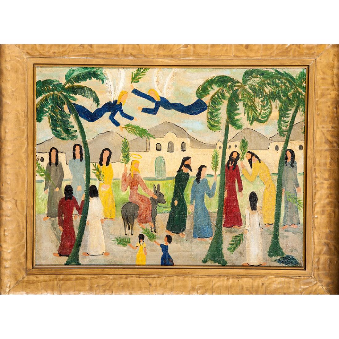 Folk Art Oil on Board, Palm Sunday: Likely American, ca 1920s. Oil on canvas board. Housed in a gilt frame. Unsigned; 17.5 x 23.5 in. (sight), 25.5 x 31.5 in. (frame). Provenance: Property from the Americana Collection of Dr. Dale and A