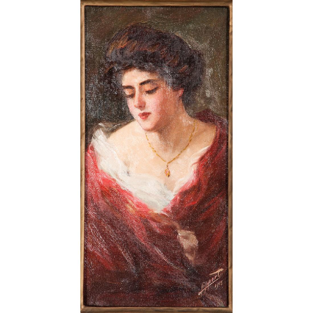Leon Lippert (American, 1863-1947): Portrait of a Woman oil on board signed l.r. framed 11.5 x 5.5 in. (sight) 15 x 8.5 in. (frame)