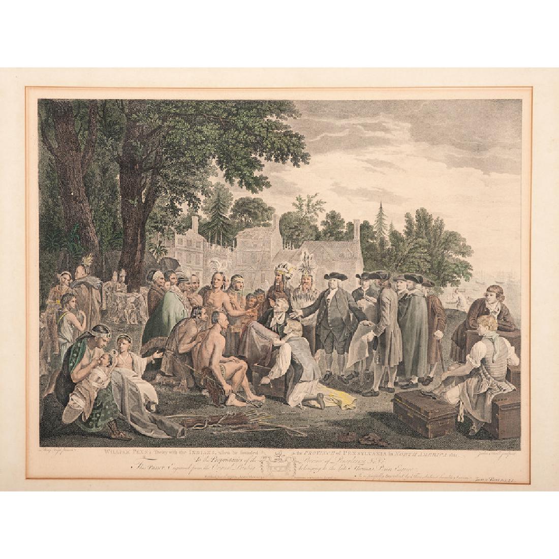 William Penn's Treaty with the Indians Engraving by: John Hall (English, 1739-1797). A hand-colored engraving, published in 1775 by John Boydell, depicting William Penn's meeting with natives of Pennsylvania, after the painting by Benjamin West (1738-18