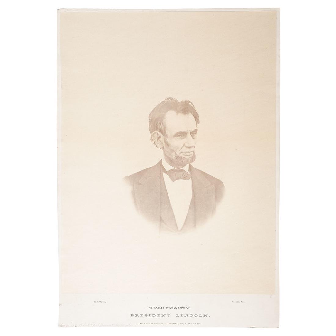 The Last Photograph of Abraham Lincoln, Large Format: The Last Photograph of Abraham Lincoln, Large Format Albumen Photograph by Warren, in Rare Largest Size Albumen vignette portrait published by Henry F. Warren of Waltham, MA, with recto imprint: "The 