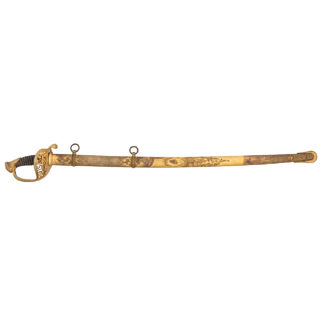1st Vermont Cavalry Presentation Sword: 1st Vermont Cavalry Presentation Sword 32" curved, single-edged spear-point blade with an 8" false edge and a 22" stopped fuller. 38" in overall length with a 6" gilt brass hilt with cast US and folia