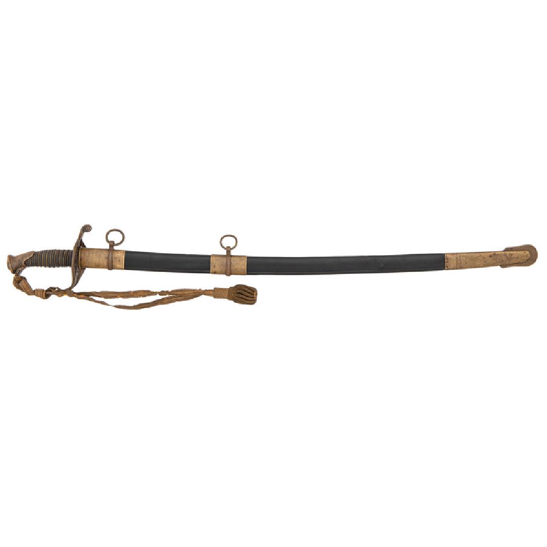 Imported Model 1850 Foot Officer's Sword of Lieutenant: Imported Model 1850 Foot Officer's Sword of Lieutenant Joseph R. Shoemaker, 34th N.Y.S.V. 31.25" single-edged spear point blade with 28" median fuller and 23" long narrow fuller along spine. 5.25" cas