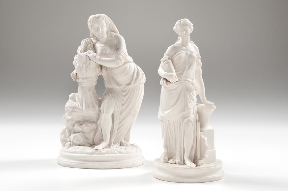 Parian Classical Figures: Possibly Continental, 20th century. Two Parian classical figures, including one woman with wheat bundle and scythe, and one woman holding a vase resting other hand on an anvil; largest ht. 13.25, wd. 