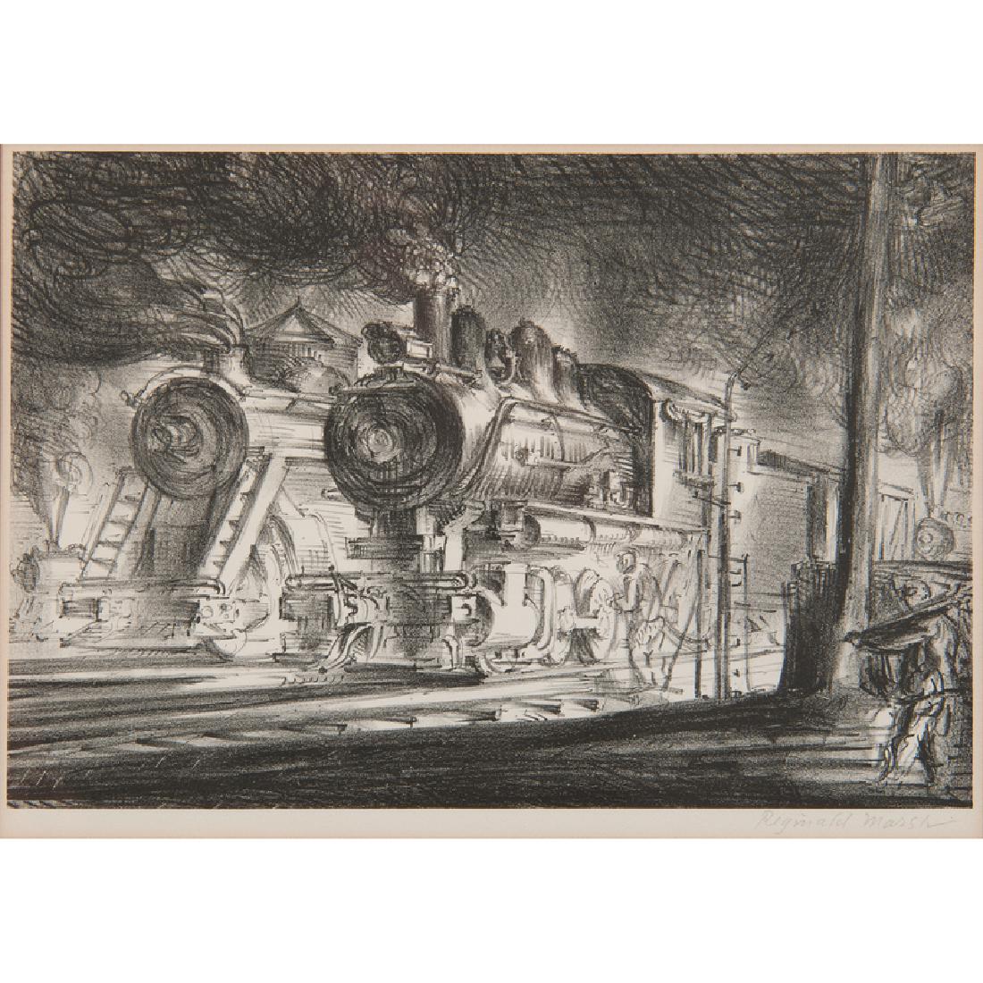 Reginald Marsh (American, 1898-1954) Lithograph: Switch Engines, Erie Yards, Jersey City 1947 pencil signed in margin l.r., Print Club of Cleveland label on verso framed 9 x 13.25 in. (plate), 18.25 x 22 in. (frame) Printed for the Print C