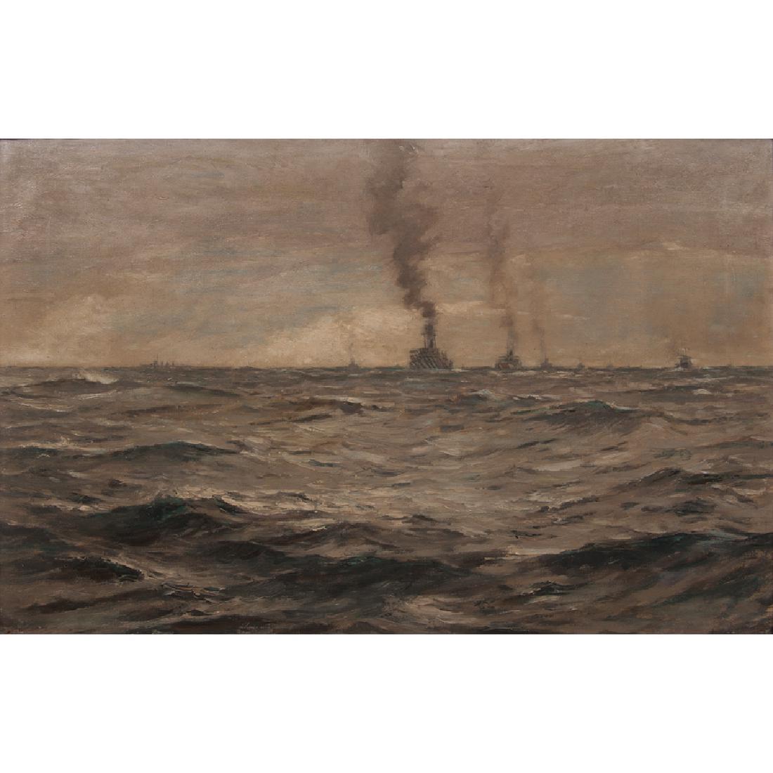 In the Style of Norman Wilkinson (British, 1878-1971): Convoy late 19th-20th century titled on James Bourlet back label on verso framed 23.25 x 35.5 in. (sight), 30.75 x 42.75 in. (frame)