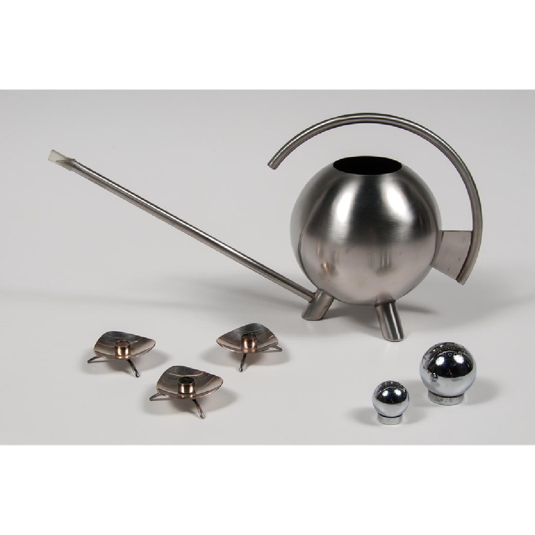 Modern Watering Can and Tablewares: 20th century. Six modern pieces, including one Chase-style stainless watering can with spherical body and styled handle and spout, unmarked, two spherical salt and pepper shakers by Russel Wright for