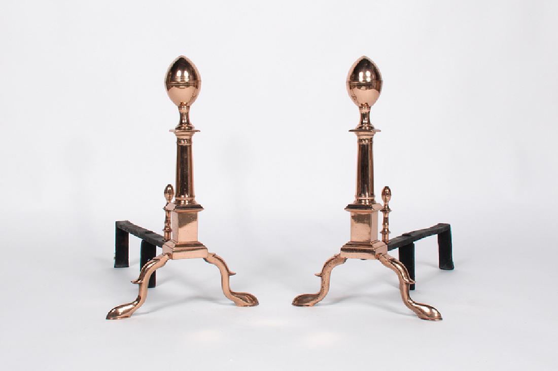 Pair Federal-Style Lemon-Top Brass Andirons: American. A pair of brass and wrought iron Federal-style andirons, having lemon finials and spurred cabriole legs terminating in snake feet; each ht. 19.5, wd. 12.25, dp. 21 in.