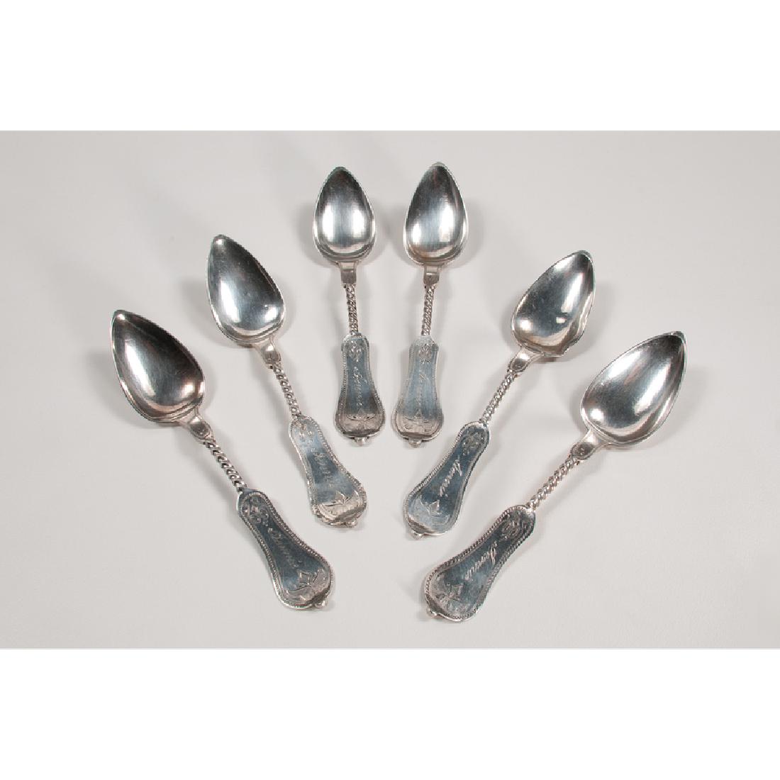 Duhme & Co. Coin Silver Teaspoons: American, 19th-early 20th century. Six Duhme & Co. coin silver teaspoons, monogrammed both sides; each lg. 5.5 in., total silver wt. 0.880ozt (27g).