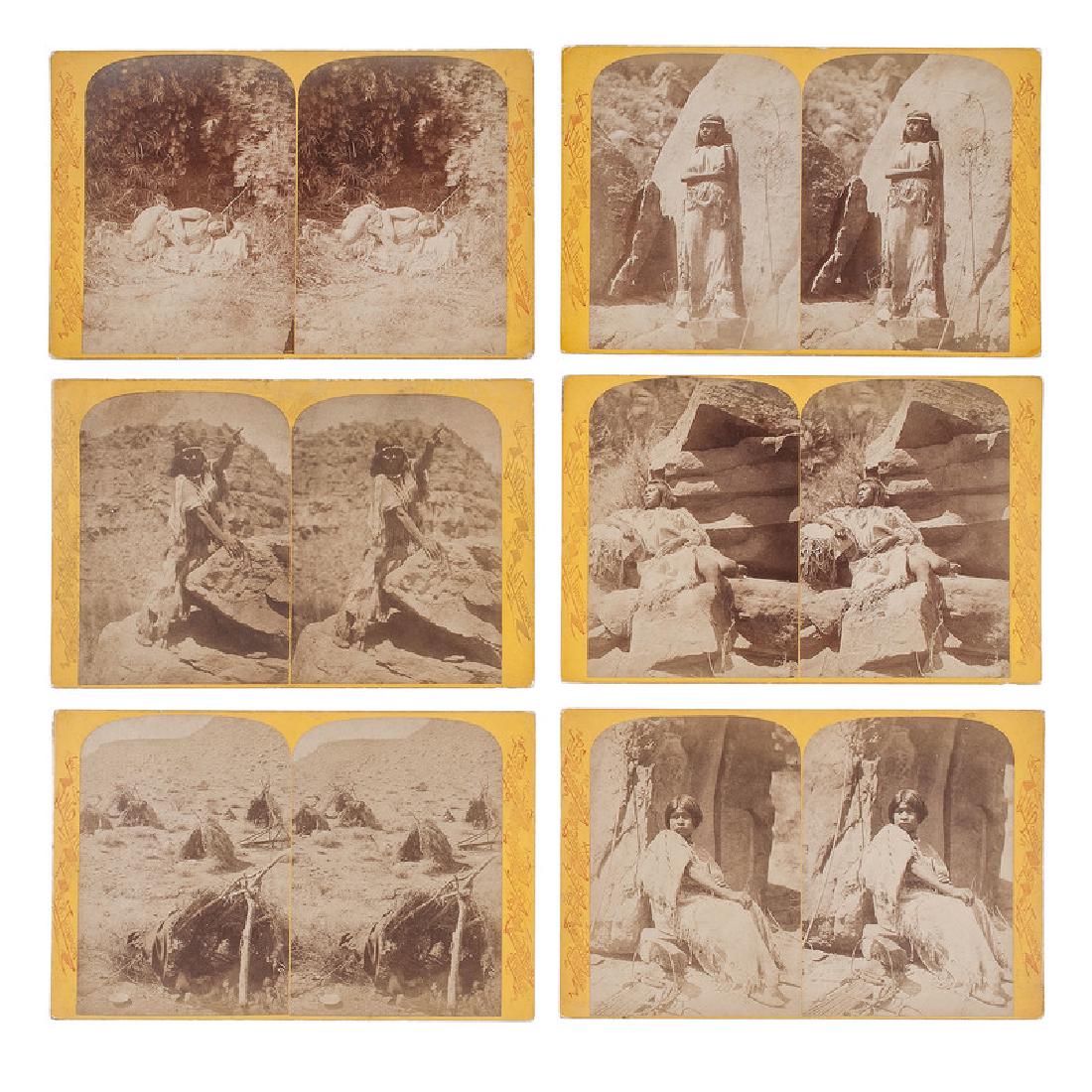 Stereoviews of Colorado Valley Indians by Hillers, Lot: Lot of 6 stereoviews, all albumen prints on yellow cabinet-size mounts with "US Topographical and Geological Survey" imprints on recto and most with titles and credit to John K. Hillers on printed pap