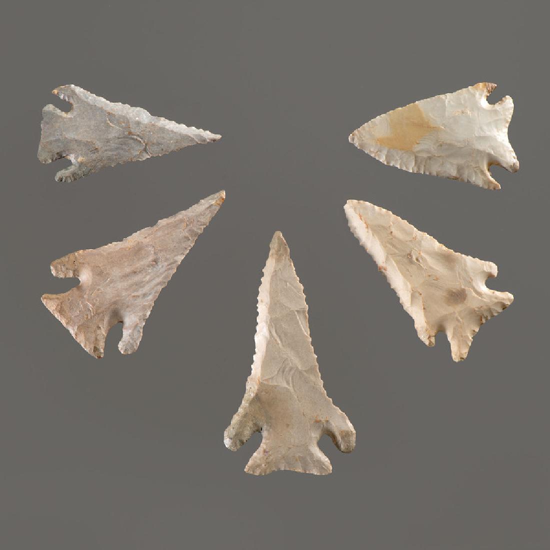 Five Corner Notched Points, Longest 3-1/4 in.: Archaic Period, 8000-500 B.C. Todd County, Kentucky [AG.142] All with restoration. lot of 5, longest 3-1/4 in. Provenance: Collection History: Gerber Collection Numbers: AG.142, AG.137, AG.146, AG.151