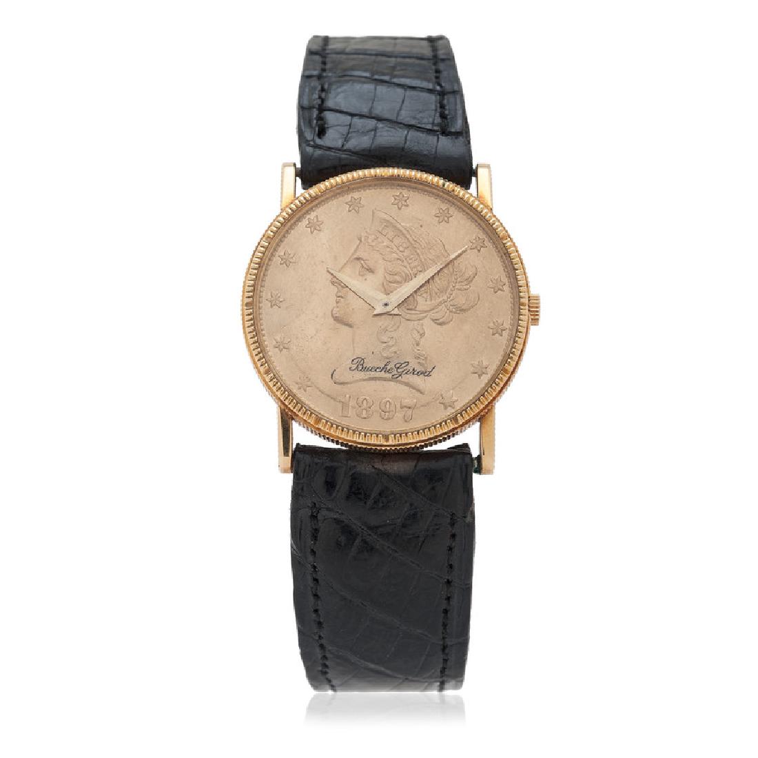 Bueche-Girod 18 Karat Yellow Gold Coin Wrist Watch: Featuring an 1897 ten dollar gold coin dial and back. Gold dauphine hands. Bueche-Girod seventeen jewel caliber 70 manual wind mechanical movement. Bueche-Girod leather band with 18k yellow gold buc