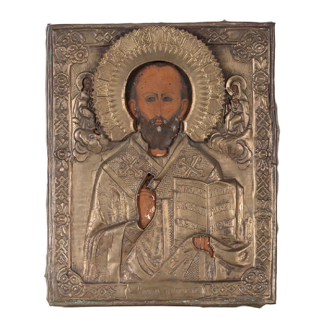 Russian Icon of Christ Pantocrator: Russian, 19th Century. Tempera on wood depiction of Christ Pantocrater with tin repousse overlay, unframed and unsigned; 17 x 13.5 in.