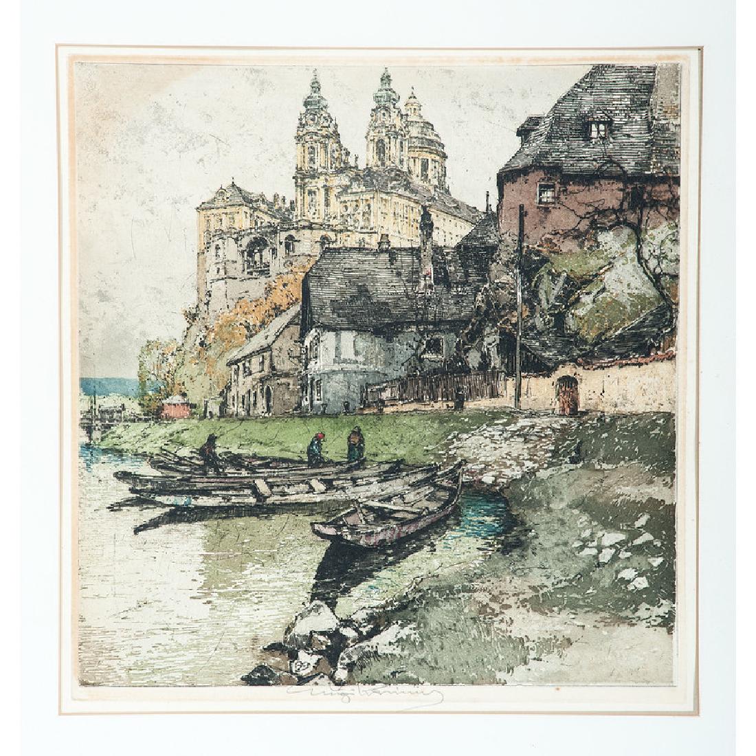 Luigi Kasimir (Austro-Hungarian, 1881-1962): Seascape with Boats and Cathedral etching on paper signed l.c. framed and matted 12.5 x 12 in. (sight) 26.5 x 22.5 in. (frame)