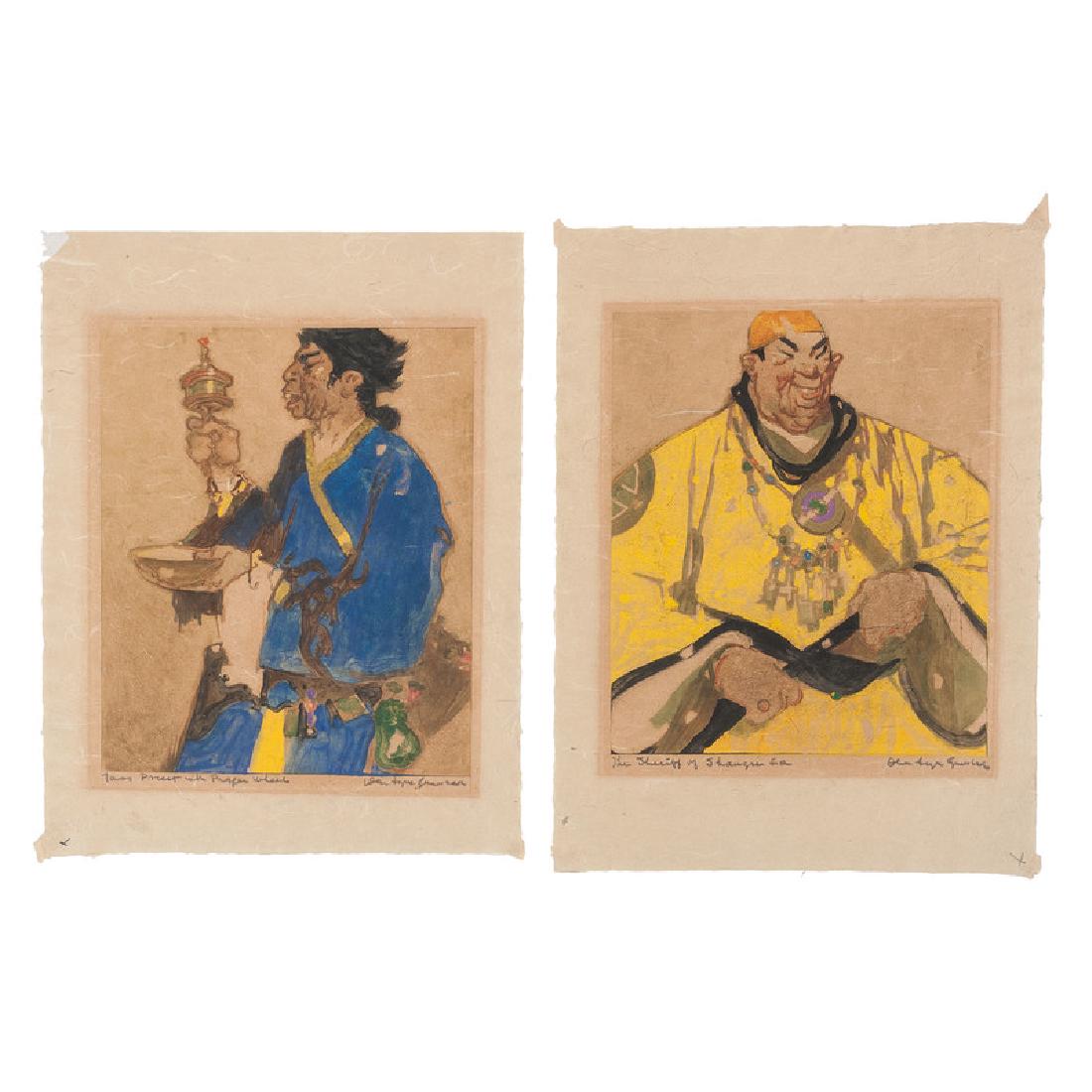 Daniel Sayre Groesbeck (American, 1878-1950): Tibetan Buddhist Figures monoprints (2) each tiled in pencil l.l. each signed in pencil l.r. each unframed 17.75 x 13.5 in. (each sheet)