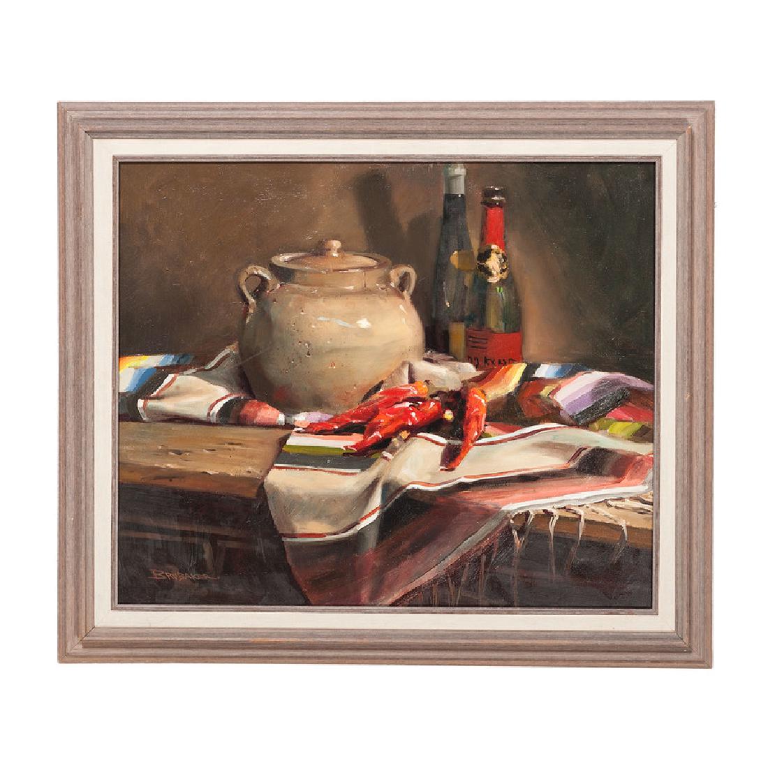 Robert Brubaker ( American, 20th Century): Still life with Chilies and Mexican Blanket oil on canvas signed l.l framed 23.5 x 19.5 in. (sight) 29 x 25 in. (frame) Provenance: Property from the Estate of Julie Parrott Smart,