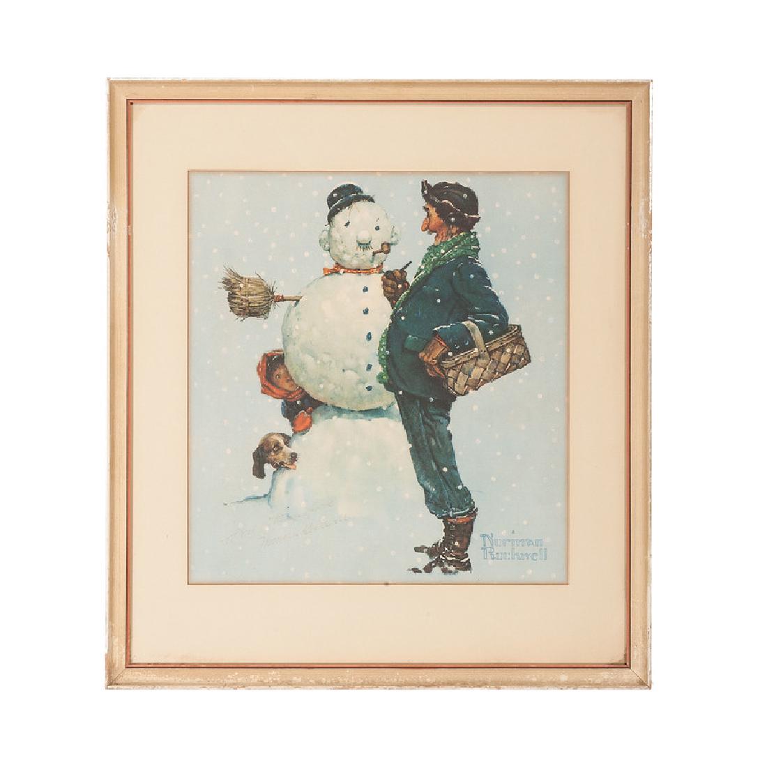 Norman Rockwell Signed Prints and Photograph: American, 20th century. A group of three framed Norman Rockwell prints depicting seasonal scenes, and one photograph of the artist at his easel, all signed; largest 19 x 17 in. (frame).