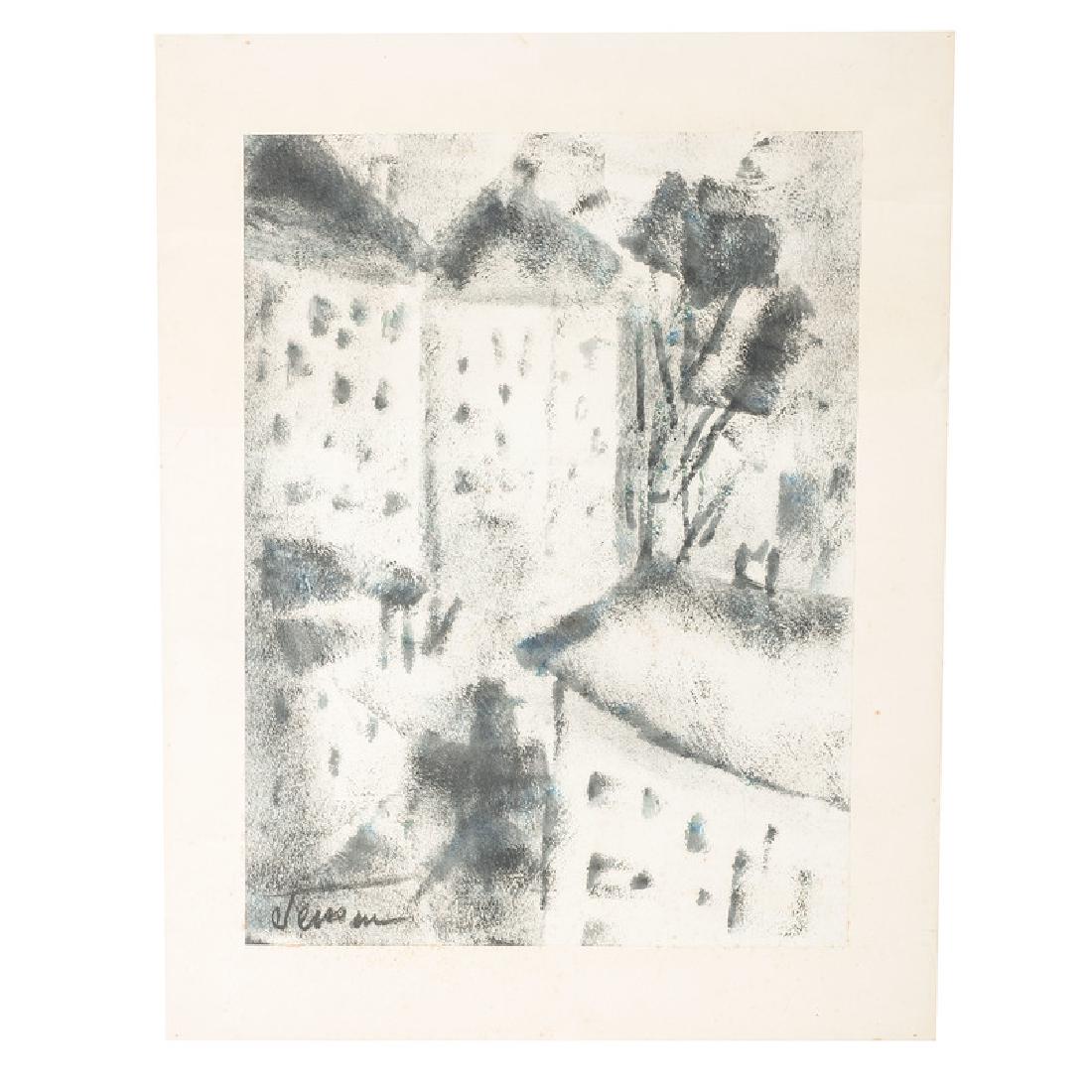 Jens Jensen (Danish-American, 1898-1978): Two watercolor on paper works, one an abstract cityscape, signed l.l., 28.5 x 22.5 in. (sheet), 23 x 17.5 in. (image), and one an abstract portrait, signed l.l., 26 x 20 in., both unframed. From the e