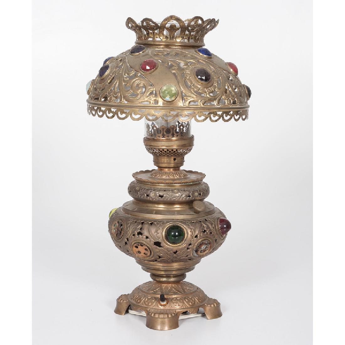Victorian-style Jeweled Duplex Lamp by Edward Miller &: American, late 19th century. A Victorian-style jeweled duplex lamp decorated with floral motifs, converted to an electric lamp, marked E M / Duplex / & Co on lamp knobs; ht. 18, wd. 9.75, dp. 9.75 in.