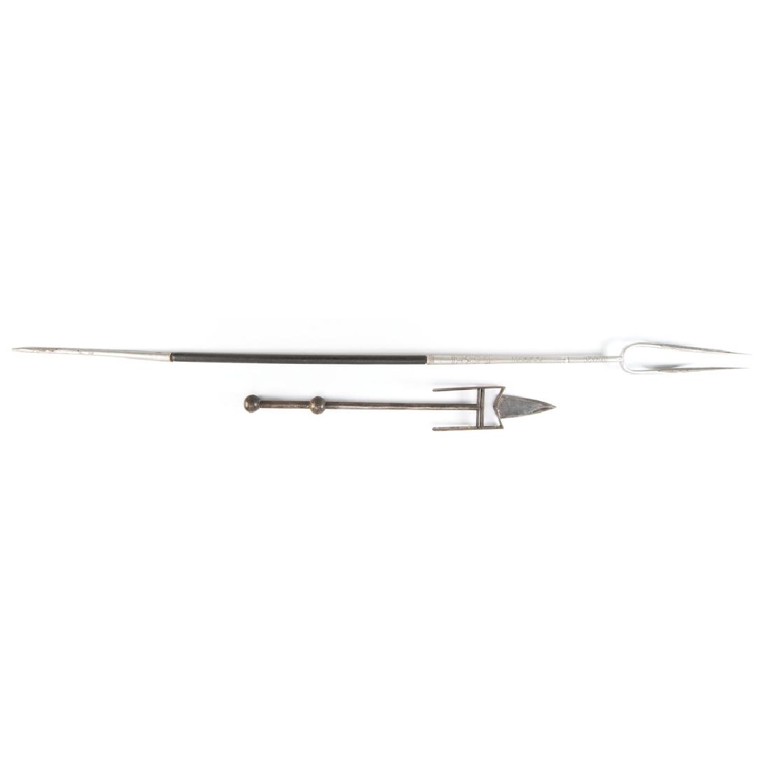 Indian Bifurated Spear and Kattar: lot of 2, includes a bifurcated spear with diamond-shaped points, length 56 in.; AND a kattar with decorated blade, length 24.5 in. early 20th century