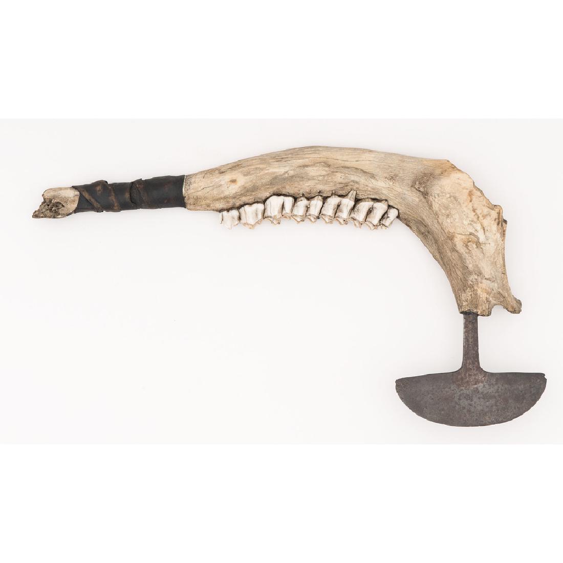 Silepe Axe with Jawbone Handle: 18" Silepe axe on a horse jawbone handle with a hardened leather grip. Teeth intact.