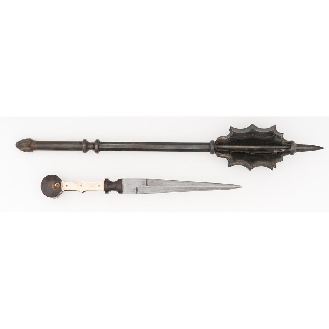 Lot of Two Contemporary Copies of Medieval Weapons: Lot consists of two copies of medieval weapons including a 16th century dagger with 10" blade and bone grip panels. Also includes eight-flanged 25.5" mace.