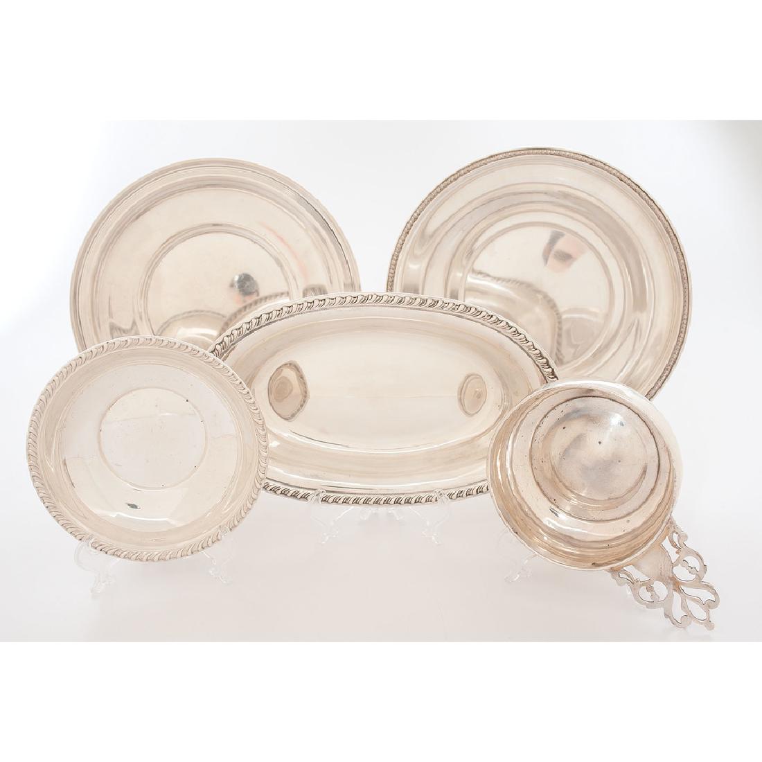 Sterling Tablewares Including Wallace, Towle, Meridan,: American. Five assorted sterling tablewares, including a porringer by Towle, a tray and a small bowl by Wallace, a plate by Blackinton, and a bowl by Meridan; tray lg. 10 in., total silver wt. 29.04oz