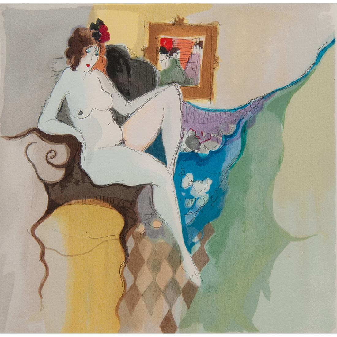 Itzchak Tarkay (Israeli, 1935-2012) Lithograph: Sandra with Flowers signed l.r. numbered 215/350 l.l. framed 11.25 x 11.25 in. (sight), 24 x 24 in. (frame)
