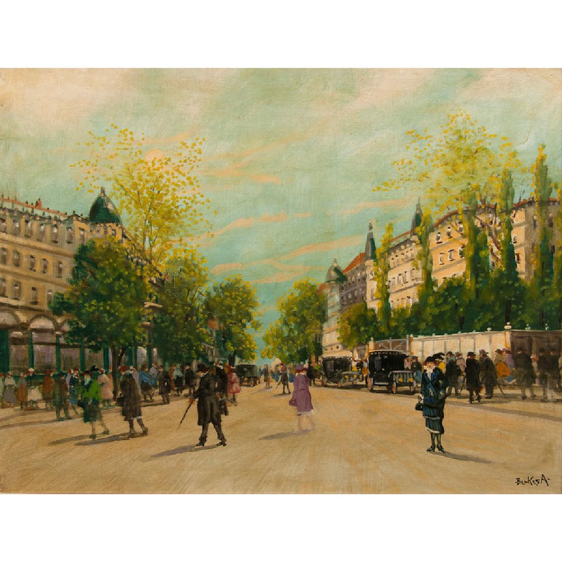 Antal Berkes (Hungarian, 1874-1938) Oil on Canvas: Budapest Street Scene ca. 1920s signed l.r. framed 22.75 x 30.75 in. (sight), 28.75 x 36.75 in. (frame) 