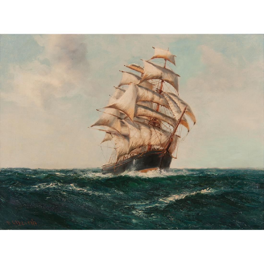 Daniel Sherrin (British, 1868-1940) Oil on Canvas: Ship at Sea late 19th-early 20th century signed l.l. framed 17.5 x 23.5 in. (sight), 23.5 x 29.5 in. (frame) Property from the Estate of Suzanne Rickards
