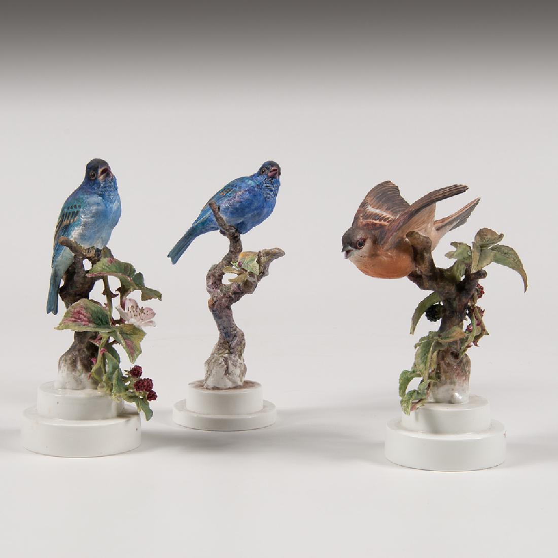 Royal Worcester Dorothy Doughty Indigo Bunting: English, mid-20th century. Three Royal Worcester painted porcelain figures by Dorothy Doughty (1892-1962), including two blue males and one brown female, with species, artist signature, and factory ma
