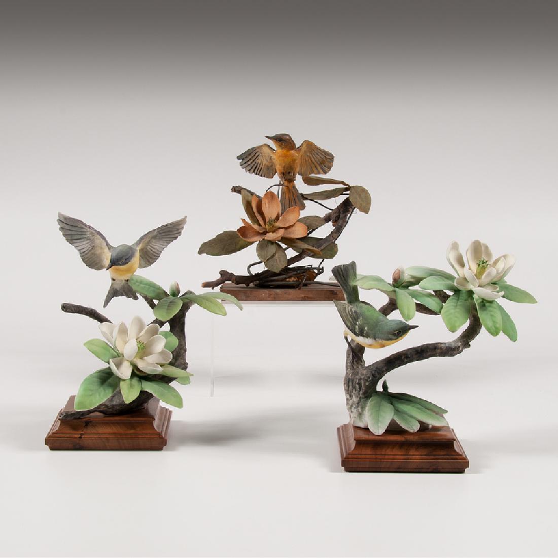 Royal Worcester Dorothy Doughty Parula Warbler: English, mid-20th century. Two Royal Worcester painted porcelain figures by Dorothy Doughty (1892-1962), a male and female Parula warbler on a branch amongst flowers, with species, artist, signature, 