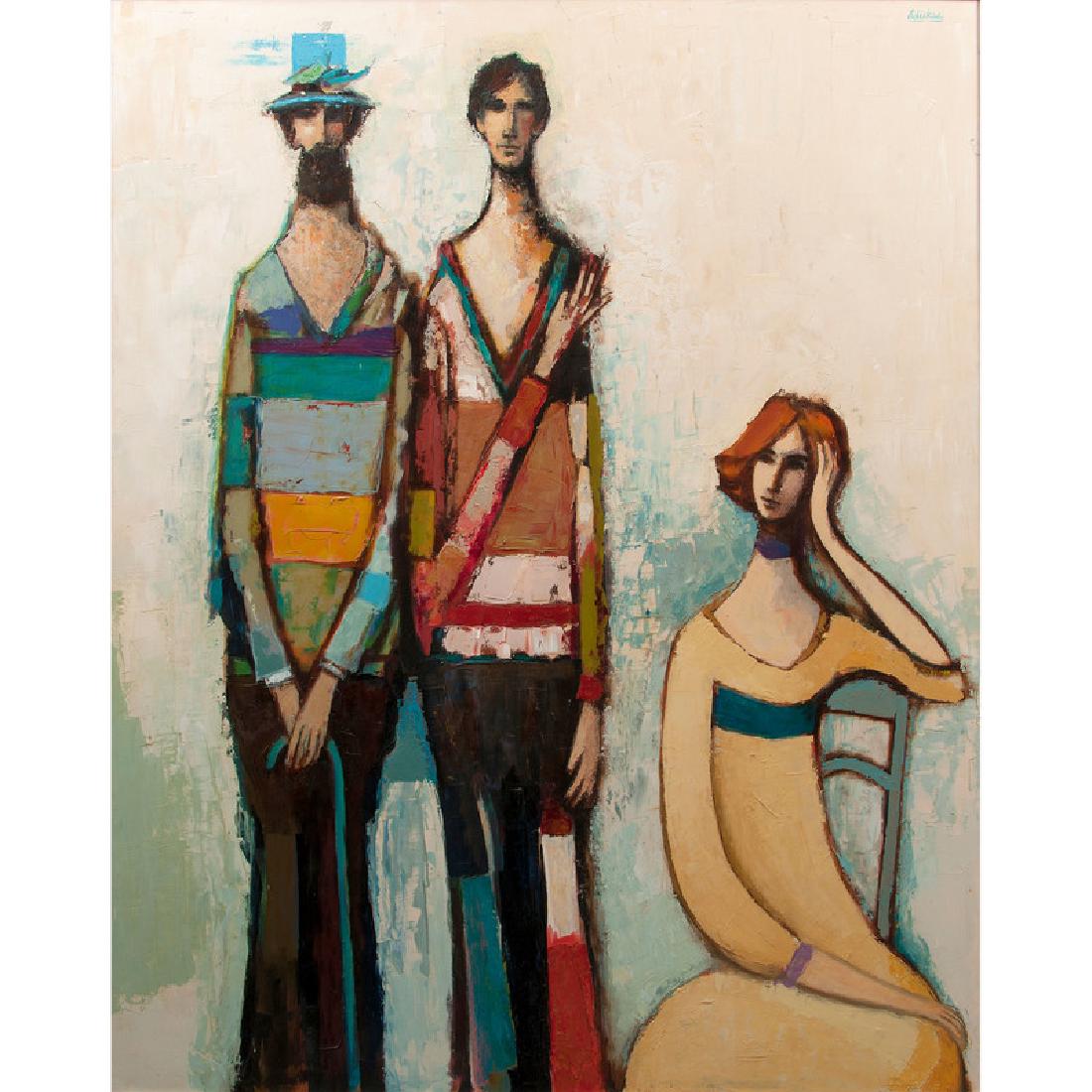 David Adickes (American, b. 1927) Oil on Board: Two Poets and a Friend 1970 signed u.r. signed, dated 1970, and numbered #88 on verso framed 59.5 x 47.25 in. (sight), 63.25 x 51 in. (frame) 
