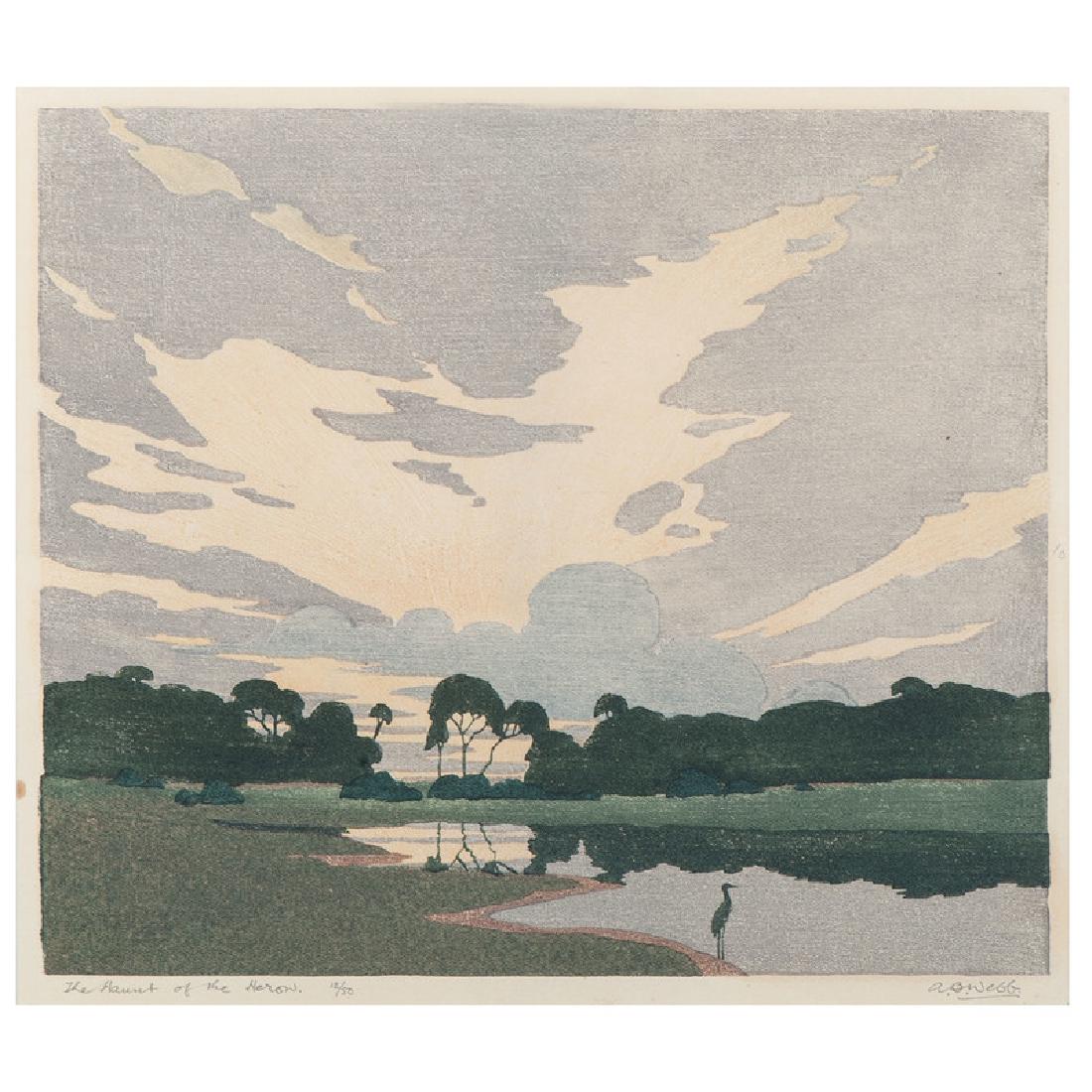 Archibald Bertram Webb (British, 1887-1944): The Haunt of the Heron woodcut in color signed in pencil l.r. titled and numbered 12/50 in pencil l.l. unframed 7.25 x 8.5 in. (plate) 7.75 x 8.75 in. (sheet)