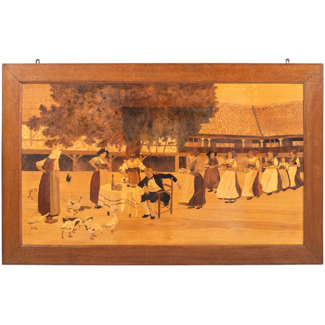 Alsatian Marquetry Panel by Jean-Charles Spindler: Jean-Charles Spindler (French, b. 1949). A marquetry panel depicting an Alsatian village scene, with etched signature l.r.; 33.5 x 59 in. (sight), 42 x 67.5 in. (frame).
