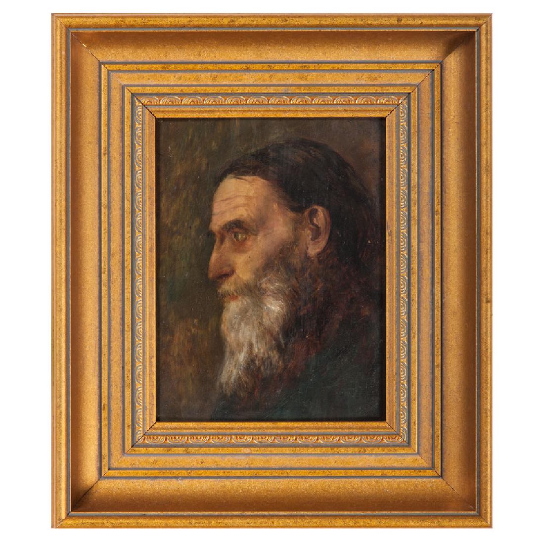 British School, Profile Portrait of a Bearded Man: British, 19th century. Oil on wood panel, framed. Unsigned; 6.25 x 4.75 in. (sight), 10.75 x 9 in. (frame). With Jabez Barnard label on reverse of panel.