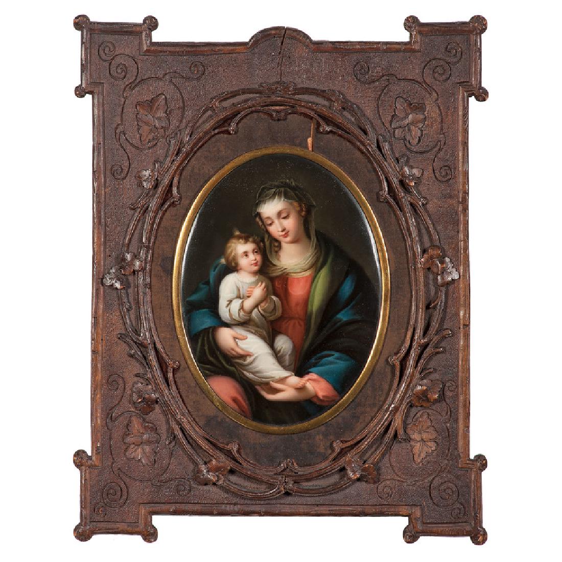 KPM Porcelain Plaque of Mary and Jesus in Carved Frame: German, 19th-early 20th century. A KPM oval porcelain plaque with hand-painted depiction of Mary and Jesus. With impressed factory marks to verso, along with stamped company label, partially illegible