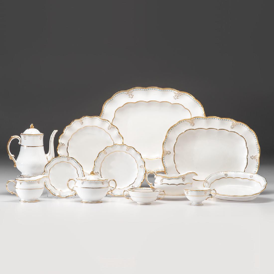 Royal Crown Derby Porcelain Service, Lombardy, Plus: English, 20th century. An eighty-seven piece porcelain service by Royal Crown Derby in the Lombardy pattern, including eight dinner plates, eleven salad plates, twelve bread and butter plates, thirtee