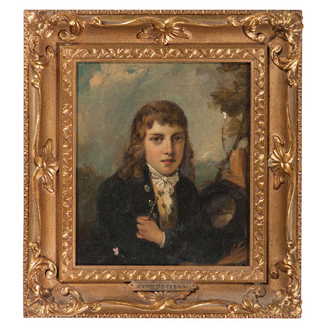 English Portrait of Master Anthony Converse, Attributed: Attributed to John Russell (English, 1745-1806). Oil on canvas, housed in a gilt frame with plaque. Portrait of a young man, identified as Master Anthony Converse; 9 x 7.5 in. (sight), 13.5 x 12.5 in.