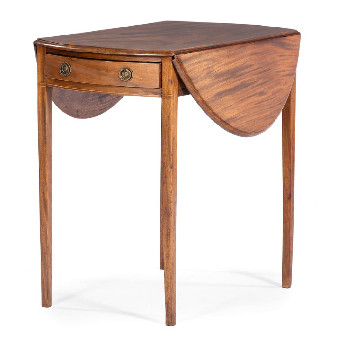 English Hepplewhite Pembroke Table: English, 19th century. A Hepplewhite pembroke table in mahogany with oak and pine secondary, having a rectangular surface with two round drop leaves and pull supports, above a single dovetailed drawer
