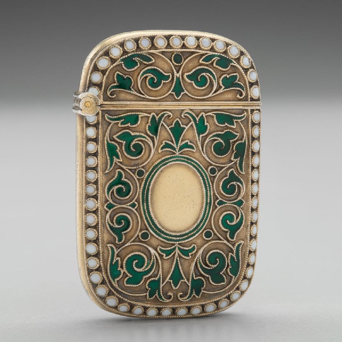 David Andersen Gilt Sterling and Enamel Match Safe: Norwegian, late 19th century. A gilt sterling silver match safe by David Andersen, with green and white enamel foliate decoration, marked on interior rim; ht. 1.75, wd. 1.25, dp. 0.5 in. Provenance: P